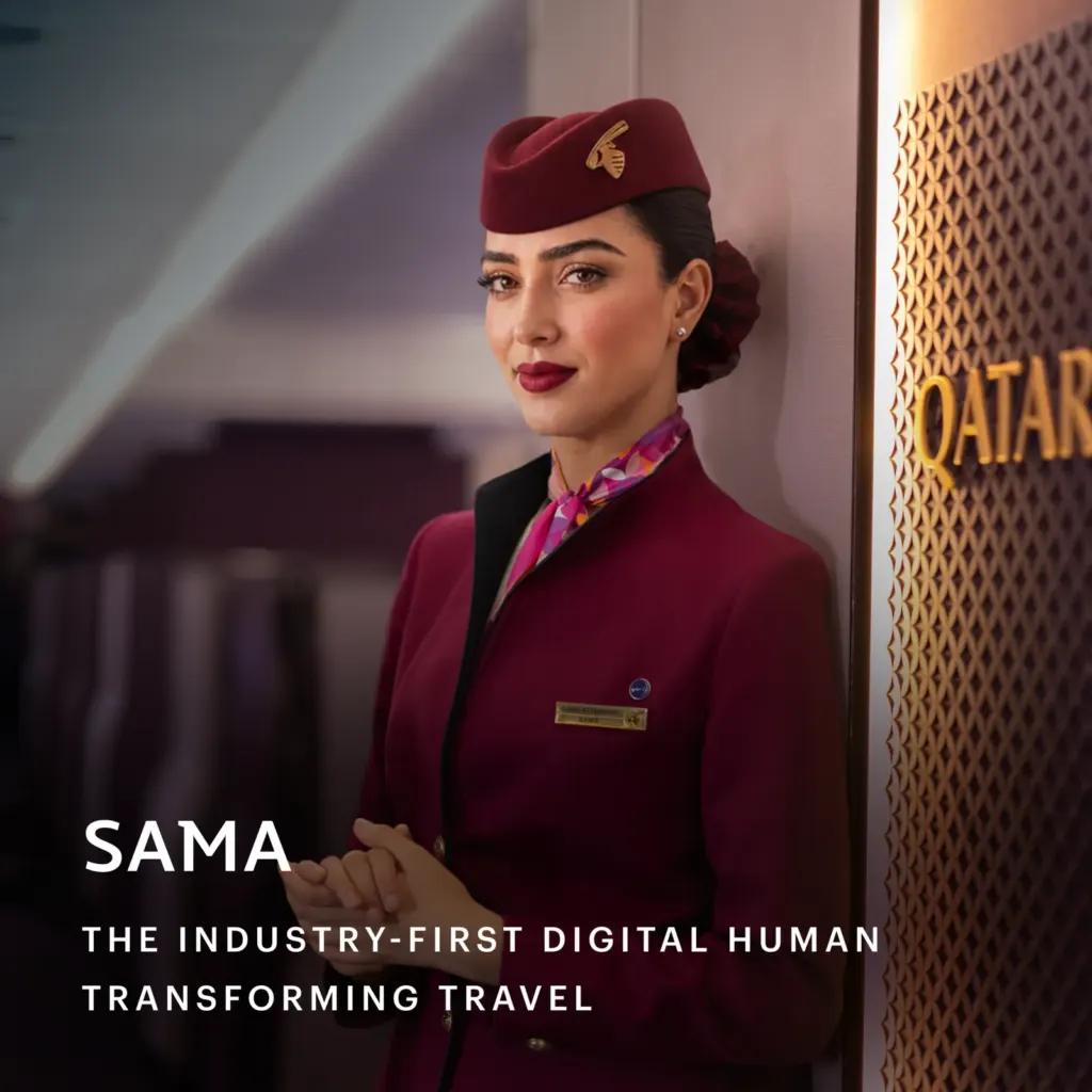 Sama, the Qatar Airways AI-powered digital human cabin crew, in a Qatar Airways uniform